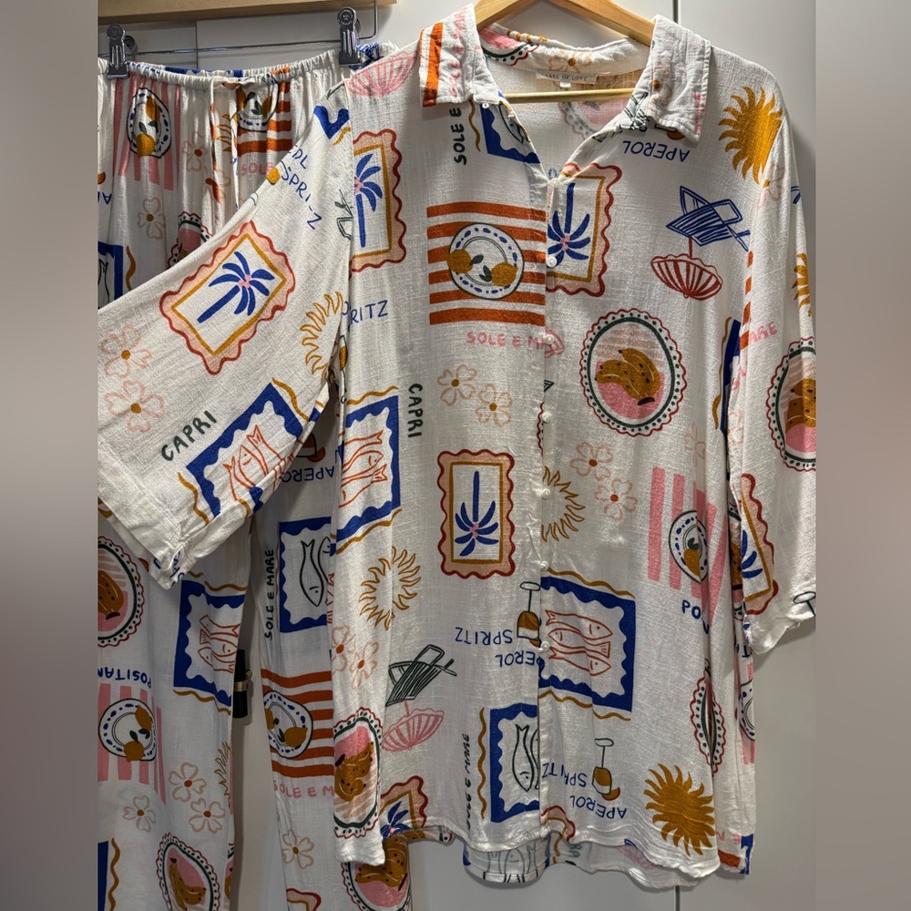 Label Of Love Anthropologie novelty Linen Blend Printed Two-Piece Lounge Set M/L - Picture 4 of 7